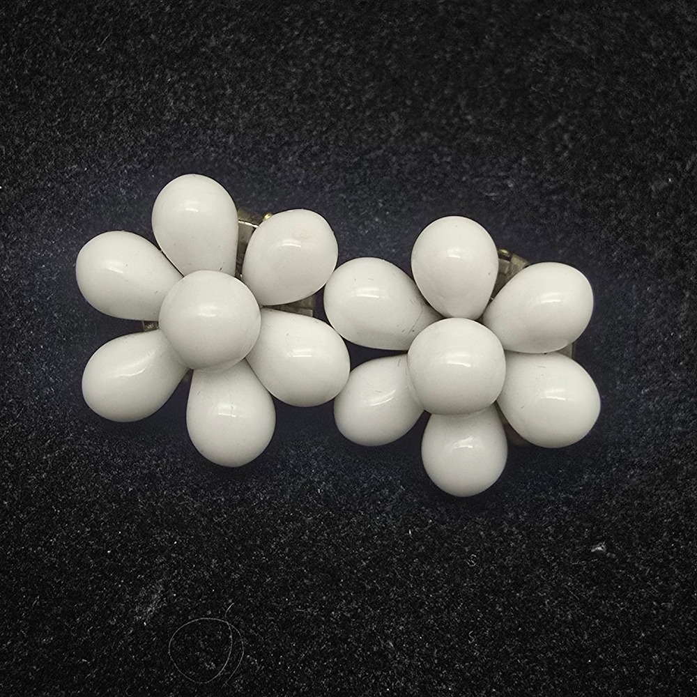 West Germany Milk Glass Beaded Clip On Earrings Vintage Costume Jewelry